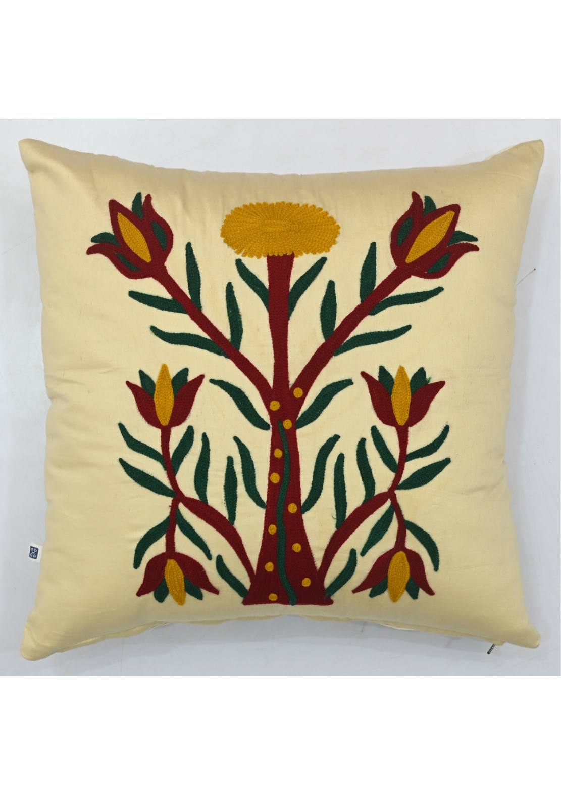 Aztec Tree Suzani Embroidered Cotton Satin Cream Cushion Cover 16"x16"