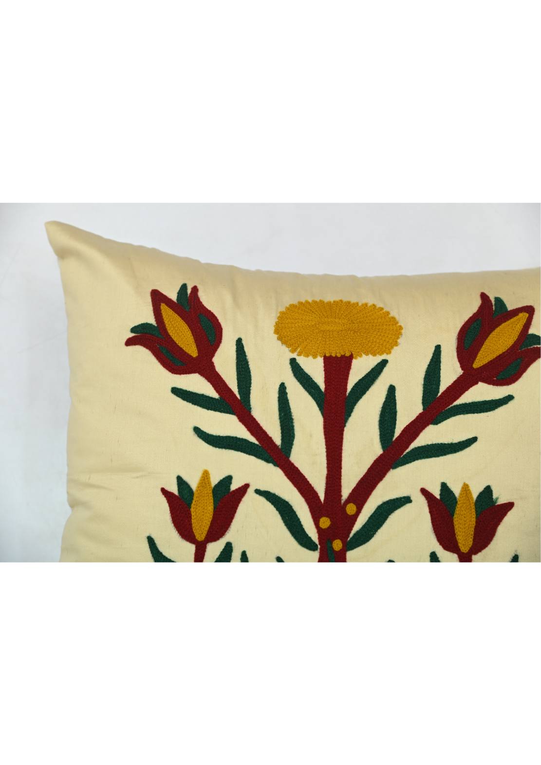Aztec Tree Suzani Embroidered Cotton Satin Cream Cushion Cover 16"x16"
