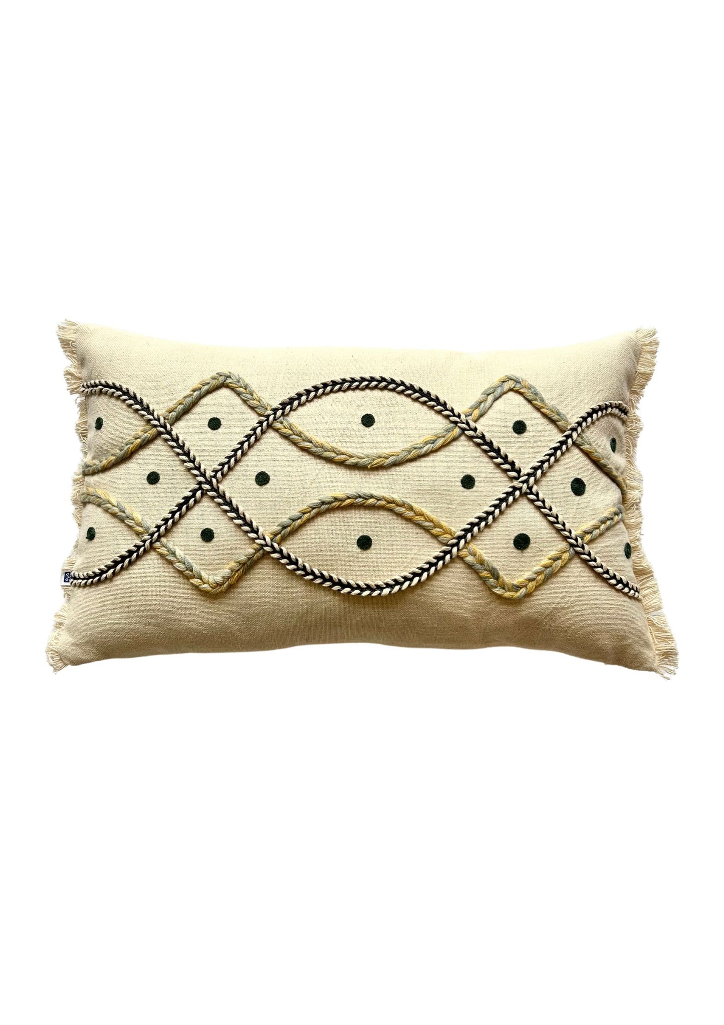 Hand Embroidery Interlace Design Cream Cotton Slub Lumbar Cushion Cover Size 12"x 20"