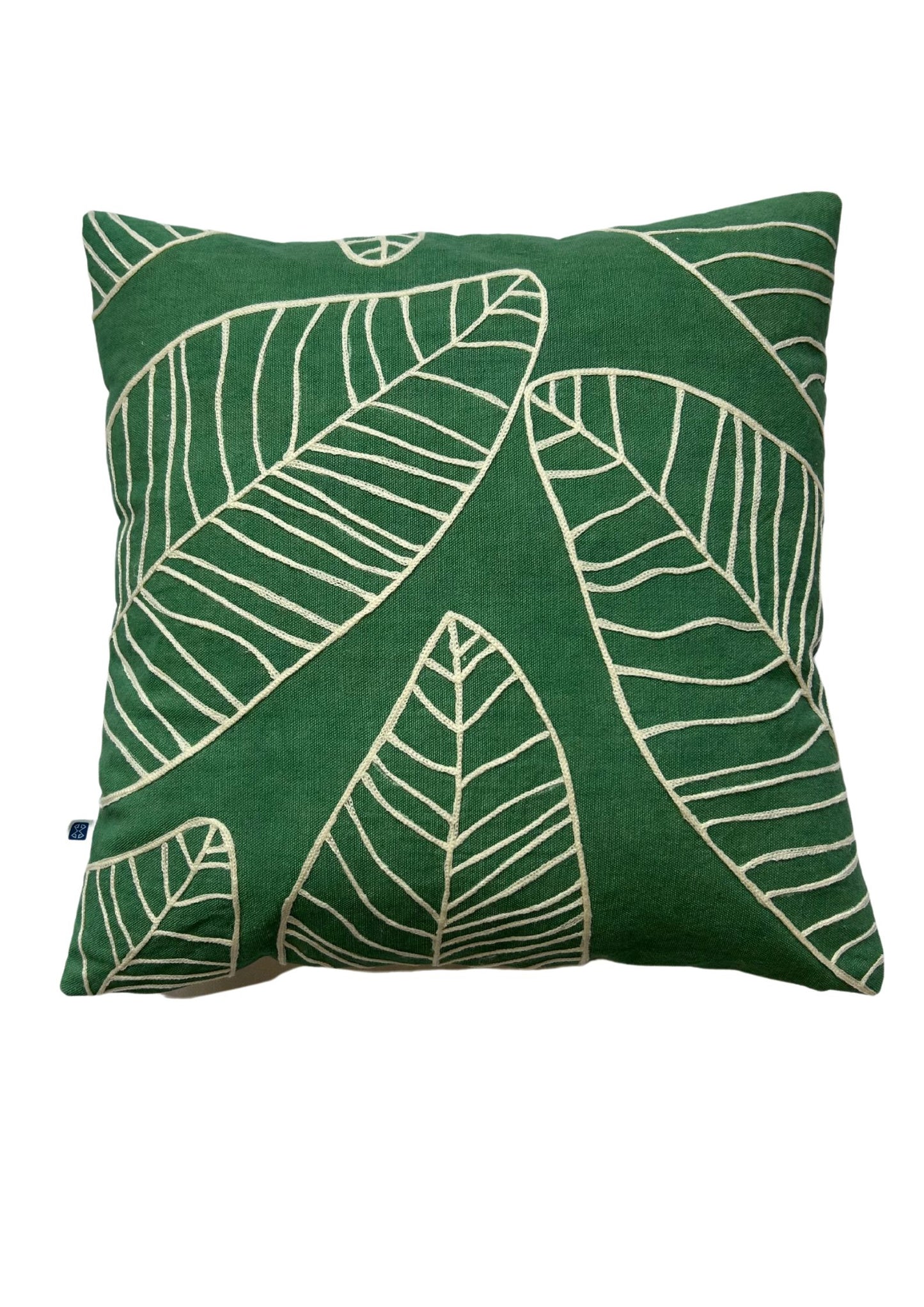 Hand Embroidery Snowy Leaves Green Cotton Cushion Cover Size 16"x16"