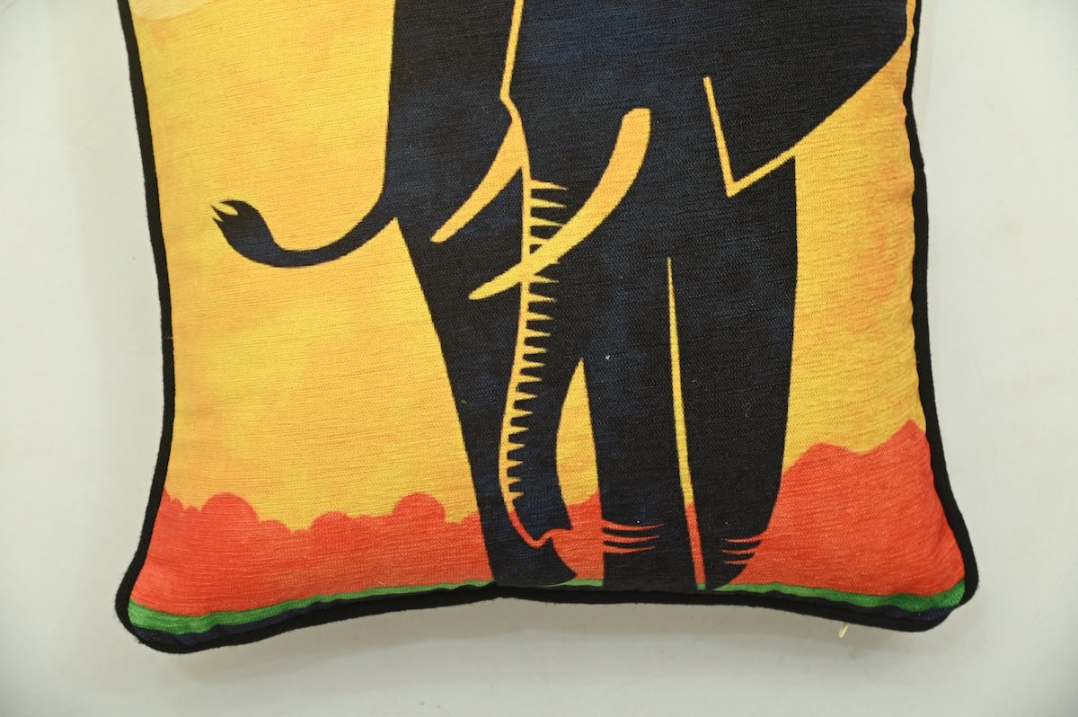African Tusker Elephant Print Art Silk Cheneil Weave Offwhite Cushion Cover Size 16"x16"