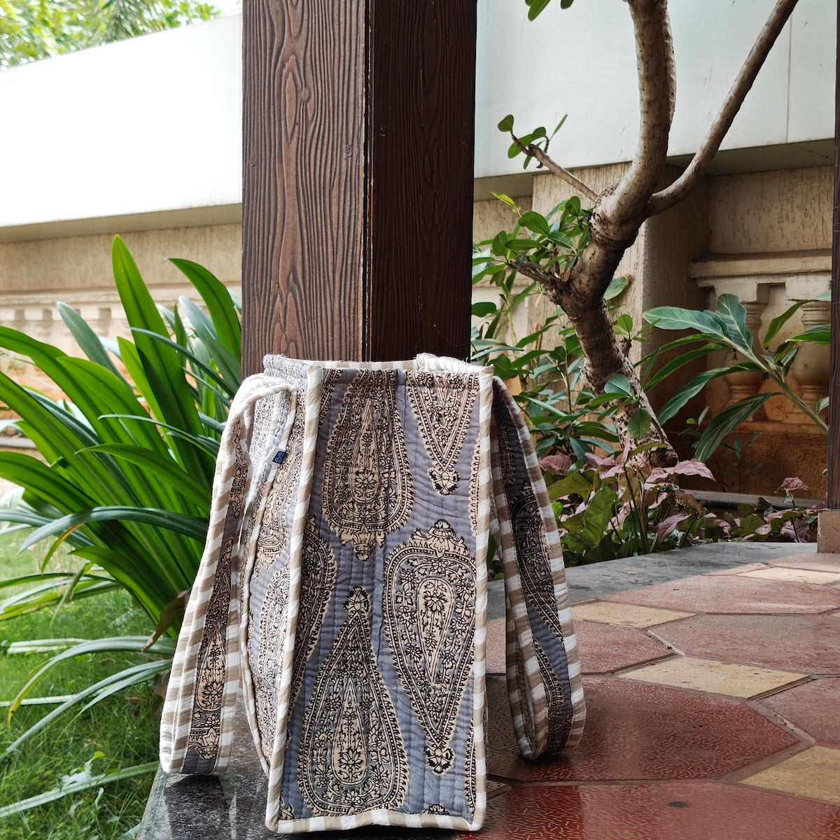 Hand Block Vintage Printed Quilted Tote Bag Grey Size 14"x14"