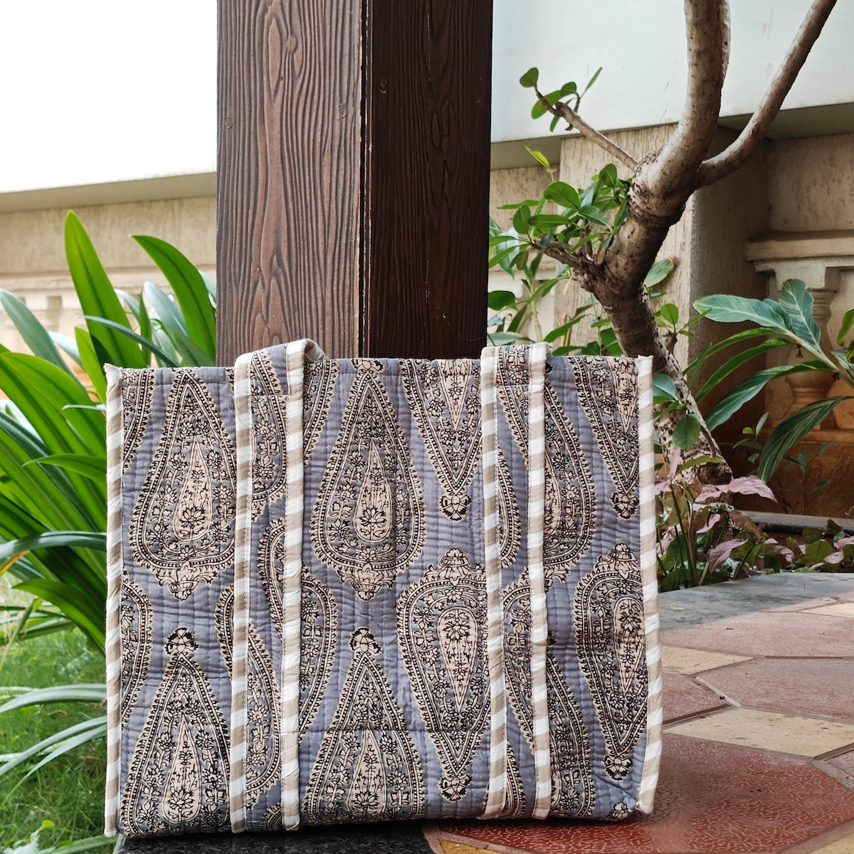 Hand Block Vintage Printed Quilted Tote Bag Grey Size 14"x14"
