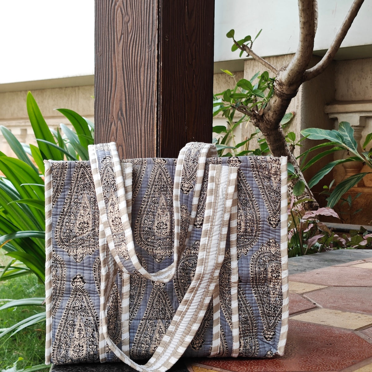 Hand Block Vintage Printed Quilted Tote Bag Grey Size 14"x14"