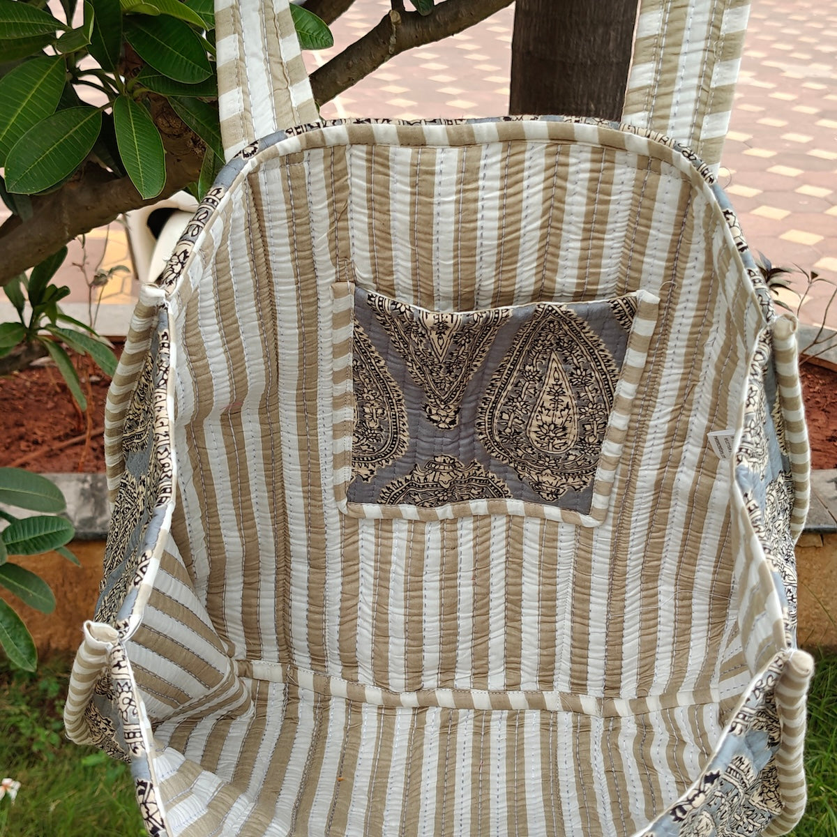 Hand Block Vintage Printed Quilted Tote Bag Grey Size 14"x14"