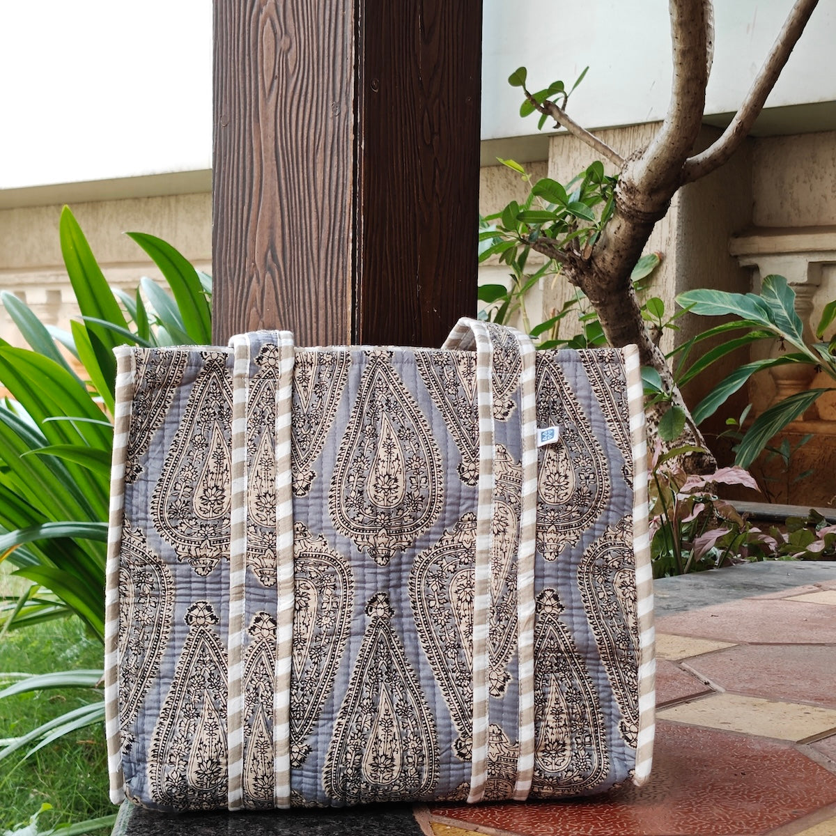 Hand Block Vintage Printed Quilted Tote Bag Grey Size 14"x14"