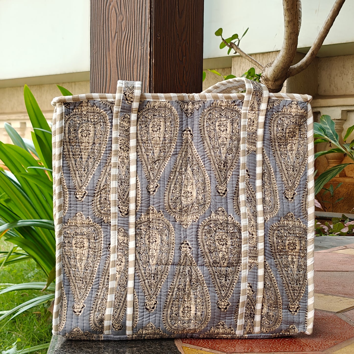 Hand Block Vintage Printed Quilted Tote Bag Grey Size 16"x16"