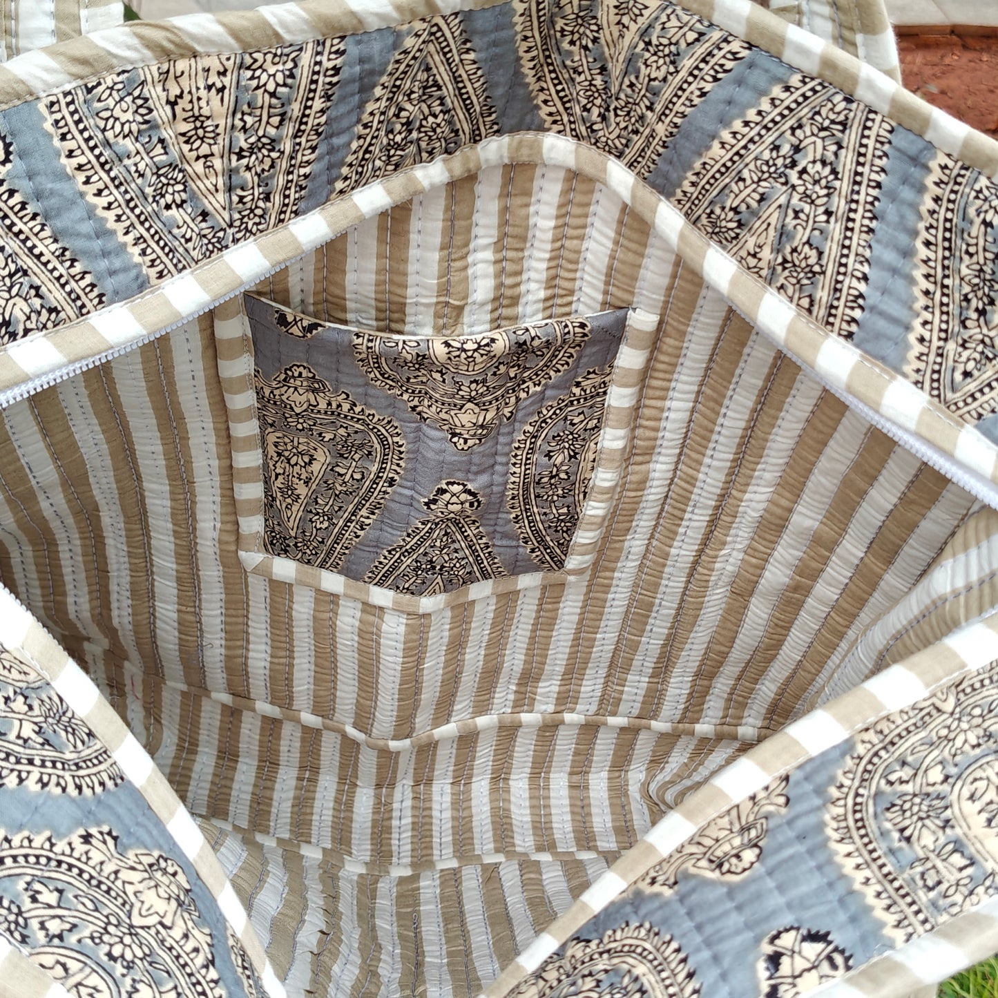 Hand Block Vintage Printed Quilted Tote Bag Grey Size 16"x16"