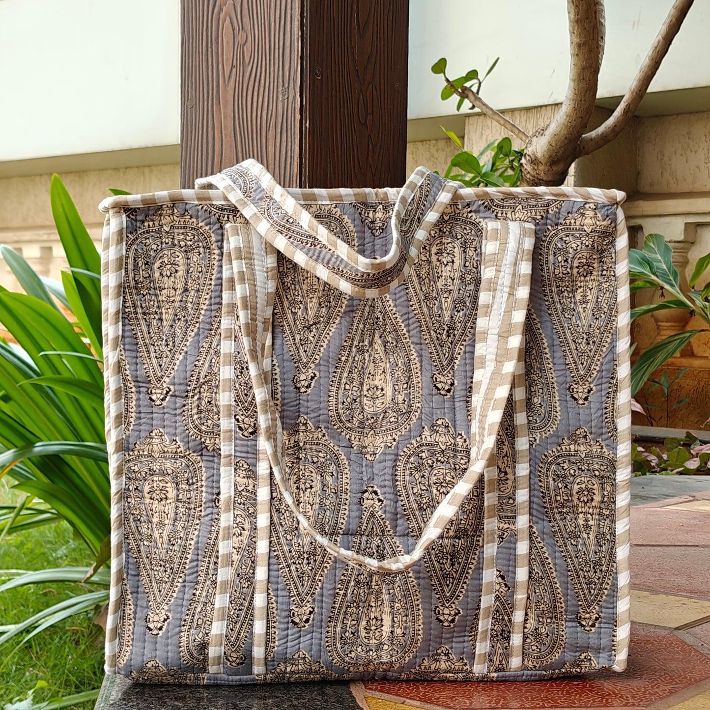 Hand Block Vintage Printed Quilted Tote Bag Grey Size 16"x16"