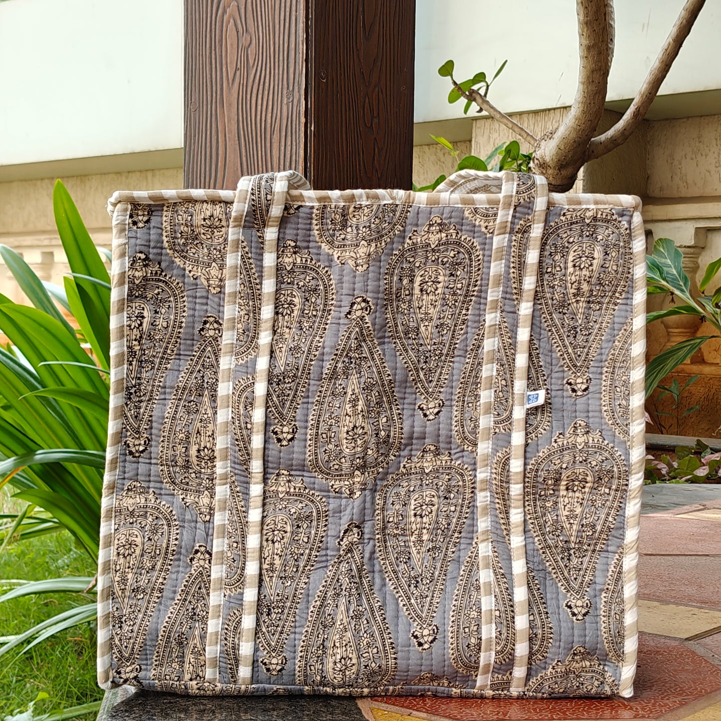 Hand Block Vintage Printed Quilted Tote Bag Grey Size 16"x16"
