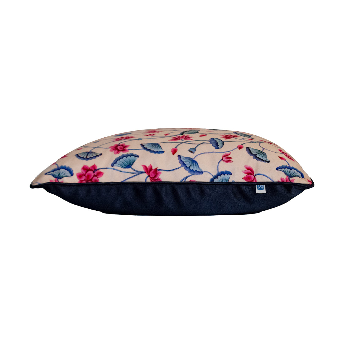 Pichwai Floral Aura Small Lotus Cream and Blue Print Velvet Cushion Cover 16" x 16"