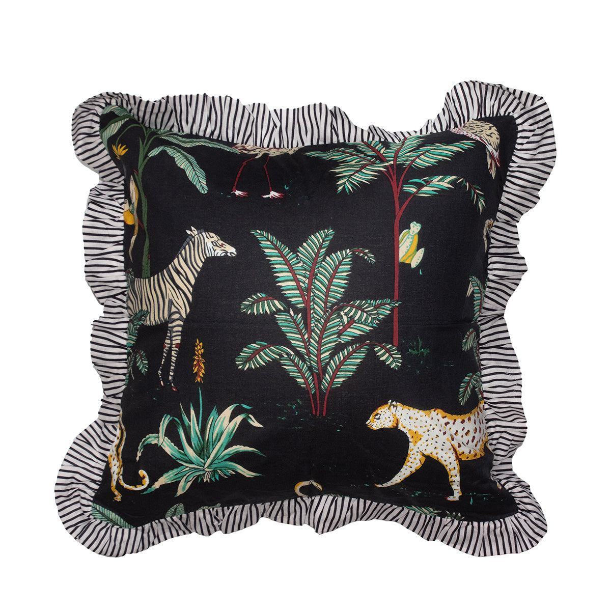 Wild Tropica Print Solid Black Frill Reversible Cotton Cushion Cover Size 16"x16" Set of 2