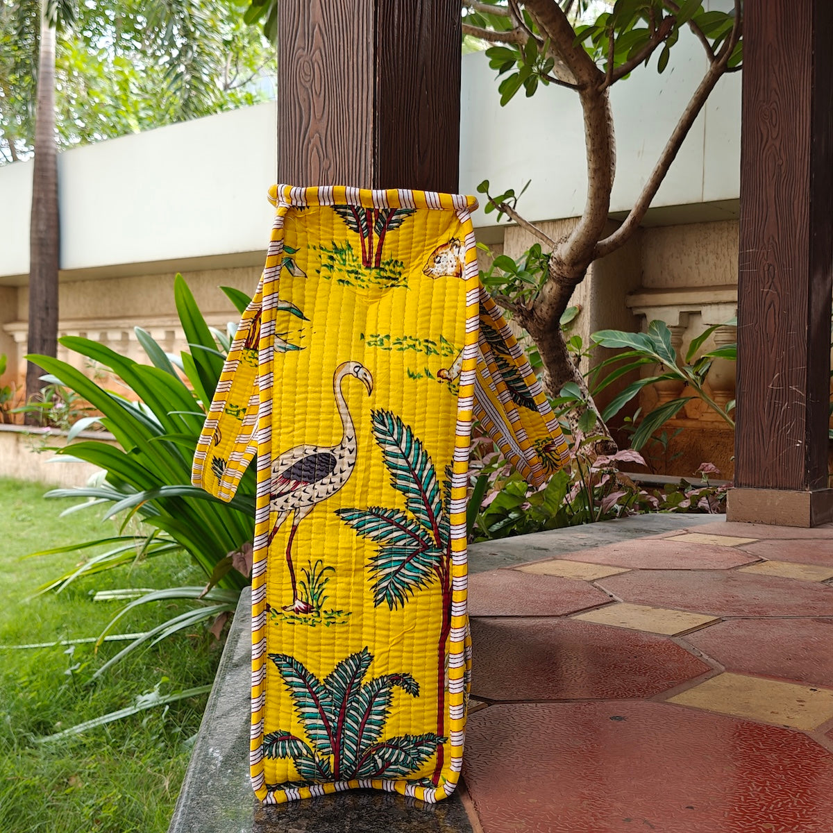 Hand Block Tropical Printed Quilted Tote Bag Yellow Size 18"x18"