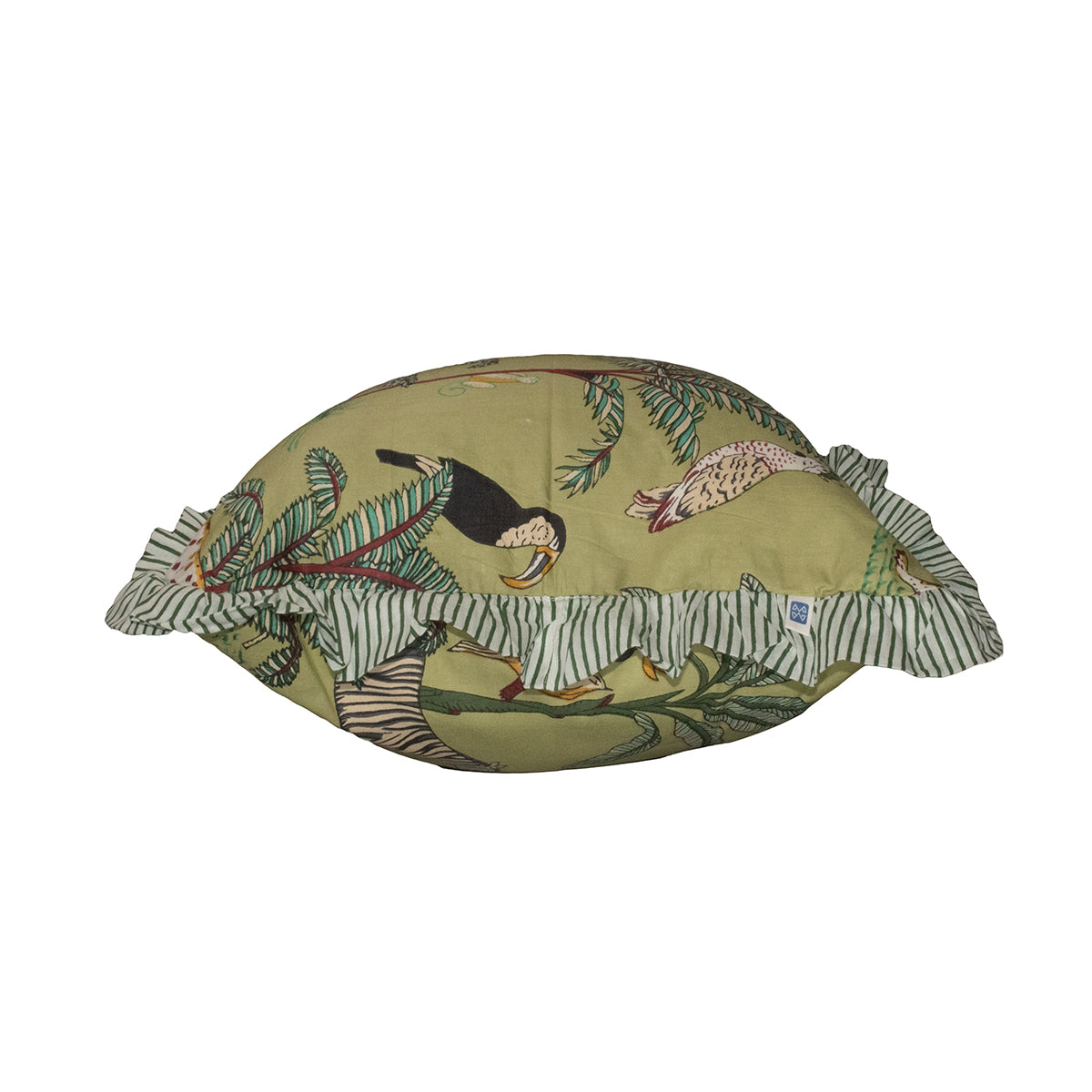 Wild Tropica Print Solid Green Frill Reversible Cotton Cushion Cover Size 16"x16" Set of 2