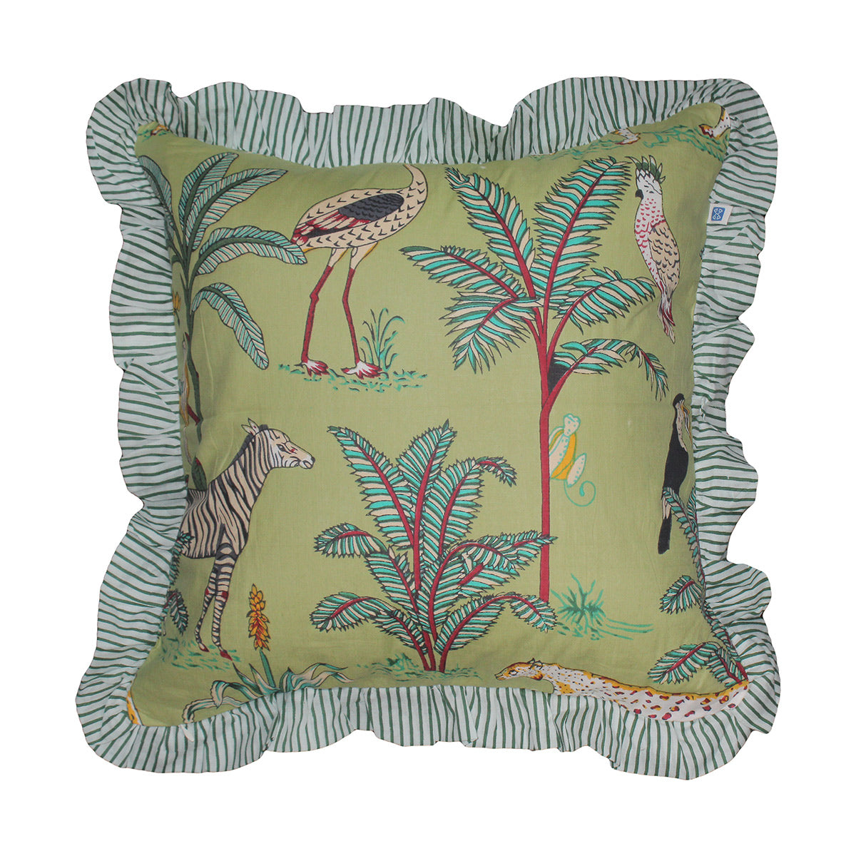 Wild Tropica Print Solid Green Frill Reversible Cotton Cushion Cover Size 16"x16" Set of 2