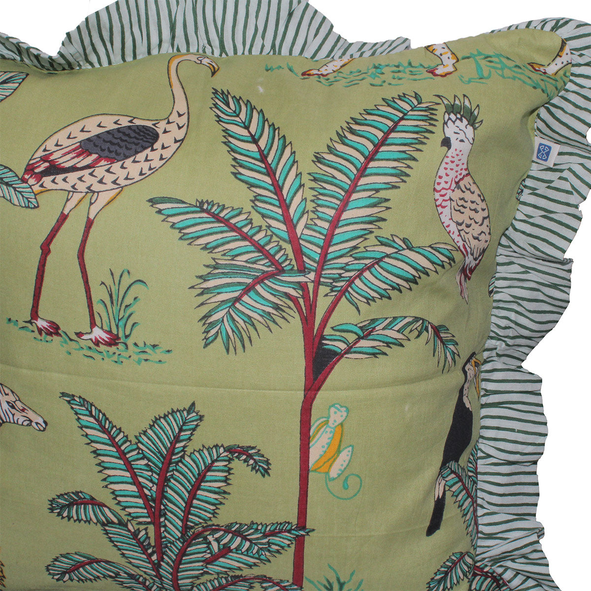 Wild Tropica Print Solid Green Frill Reversible Cotton Cushion Cover Size 16"x16" Set of 2