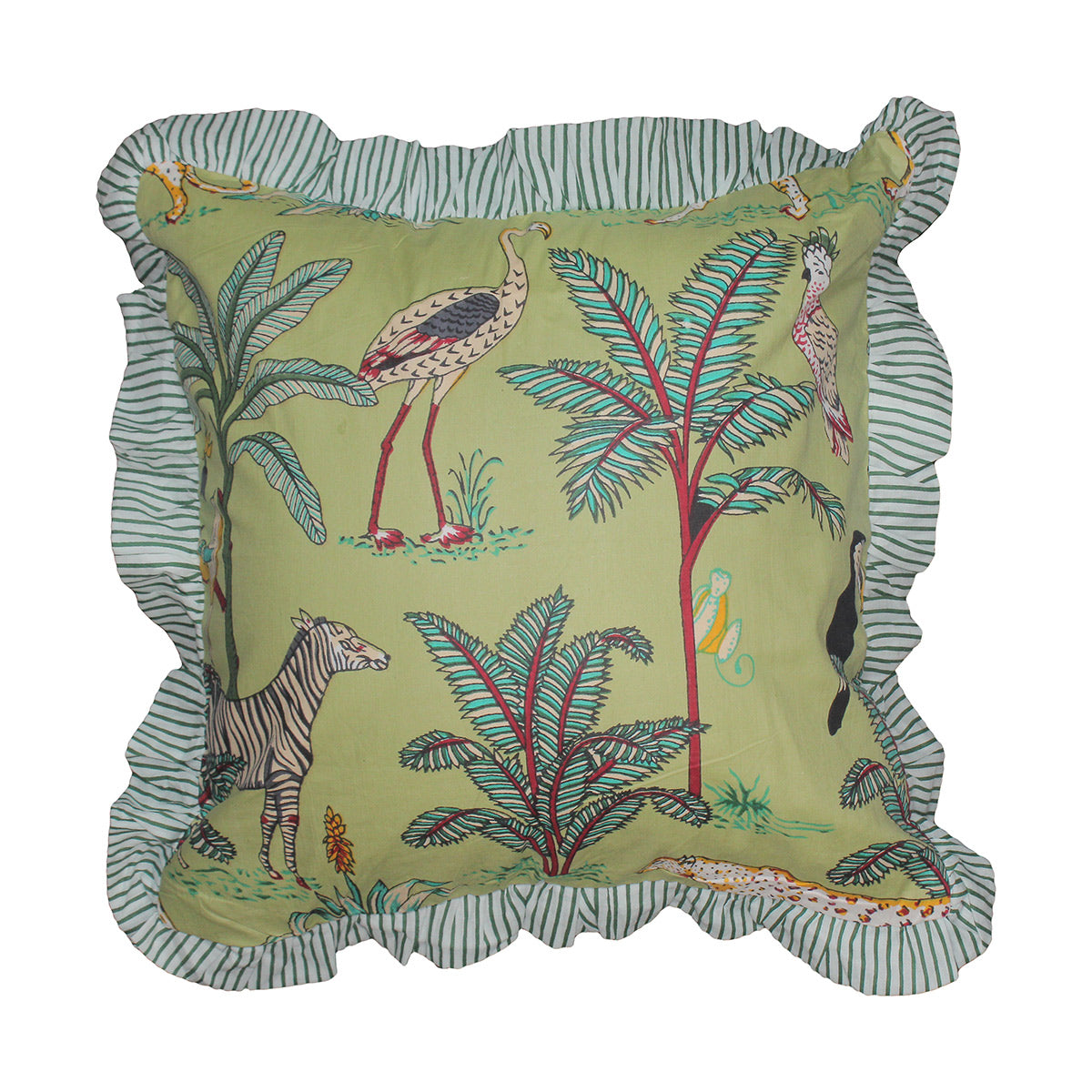 Wild Tropica Print Solid Green Frill Reversible Cotton Cushion Cover Size 16"x16" Set of 2