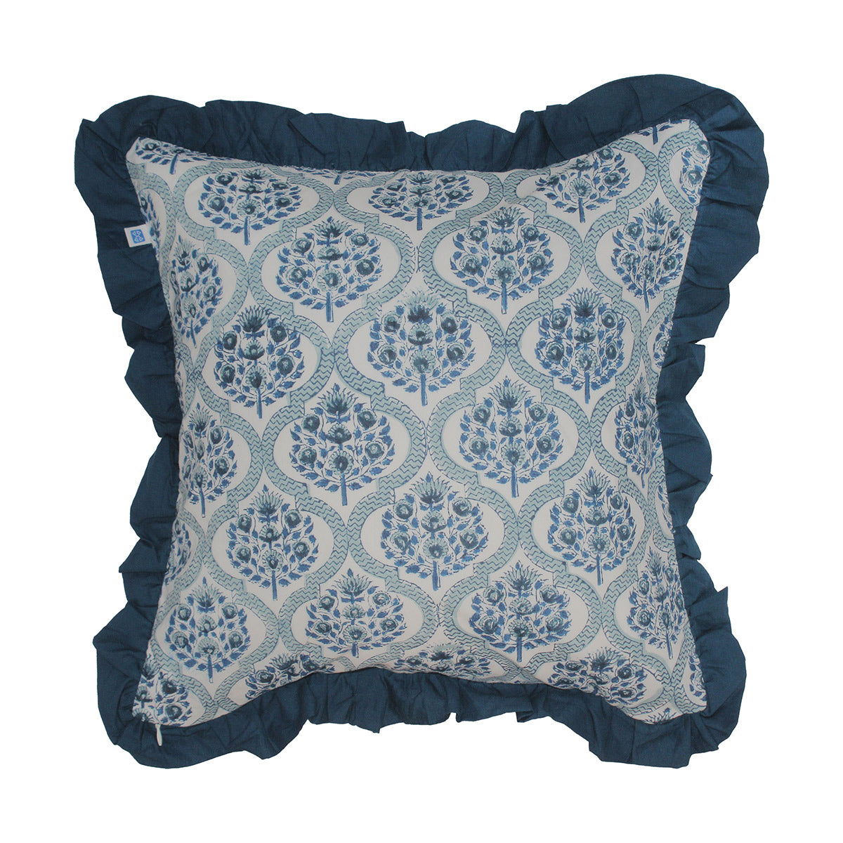 Block Print Serene Swirls Solid Blue Frill Reversible Cotton Cushion Cover Size 16"x16" Set of 2