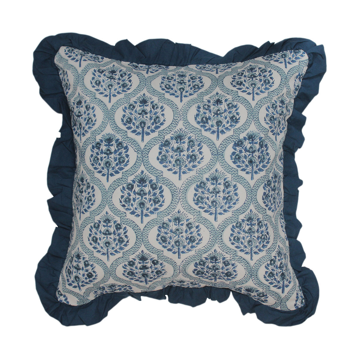 Block Print Serene Swirls Solid Blue Frill Reversible Cotton Cushion Cover Size 16"x16" Set of 2