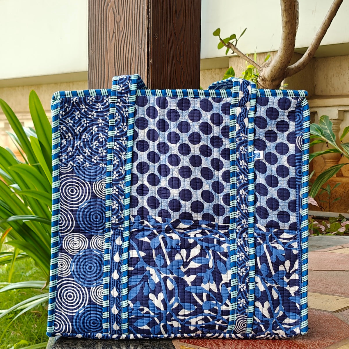 Hand Block Printed Quilted Tote Bag Bliss Blue Size 16"x16"