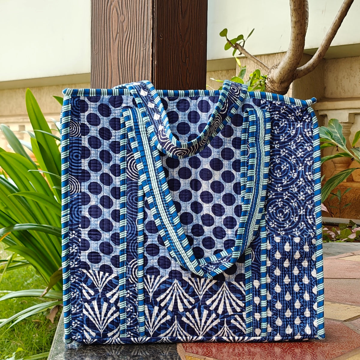 Hand Block Printed Quilted Tote Bag Bliss Blue Size 16"x16"