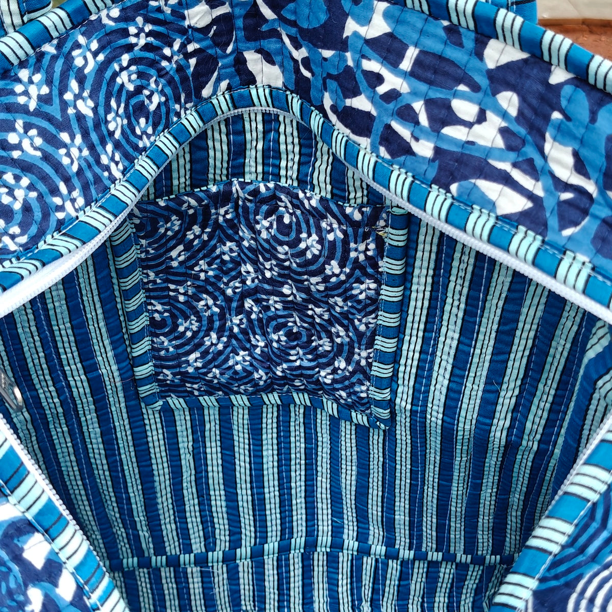 Hand Block Printed Quilted Tote Bag Bliss Blue Size 16"x16"