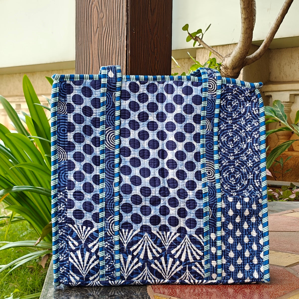Hand Block Printed Quilted Tote Bag Bliss Blue Size 16"x16"