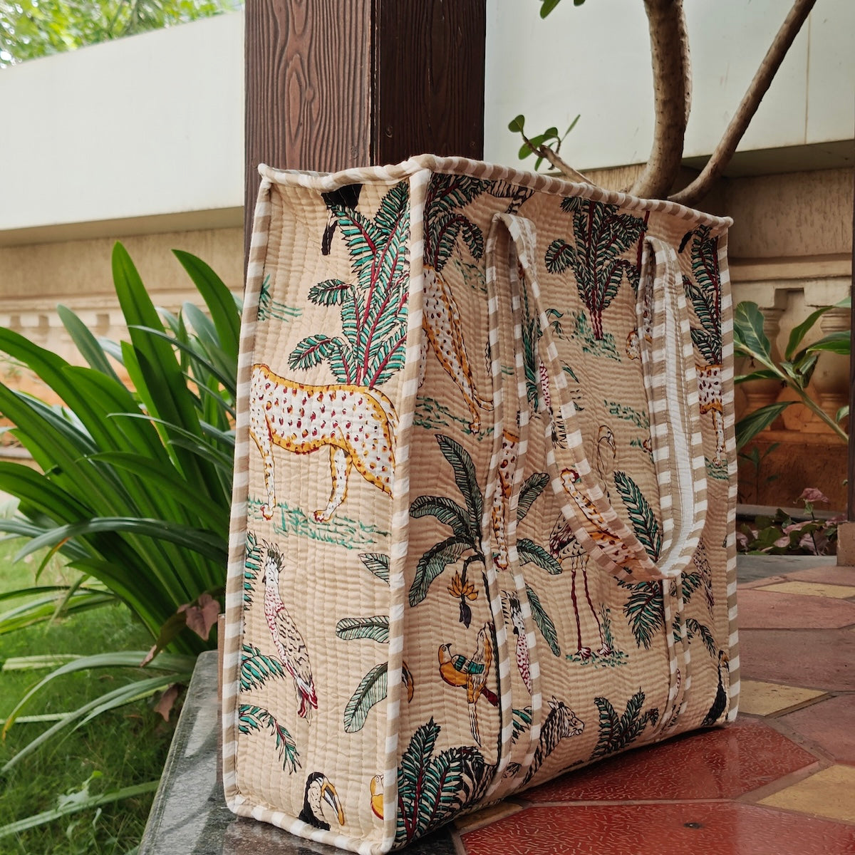 Hand Block Tropical Printed Quilted Tote Bag Bliss Cream Size 18"x18"