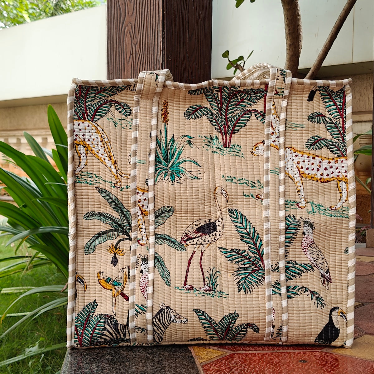 Hand Block Tropical Printed Quilted Tote Bag Bliss Cream Size 18"x18"