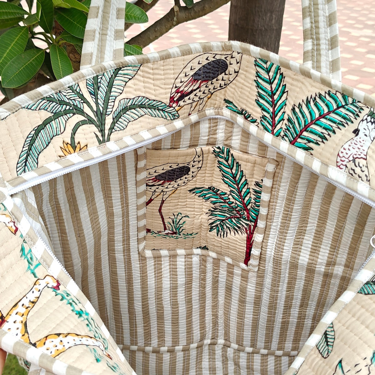Hand Block Tropical Printed Quilted Tote Bag Bliss Cream Size 18"x18"