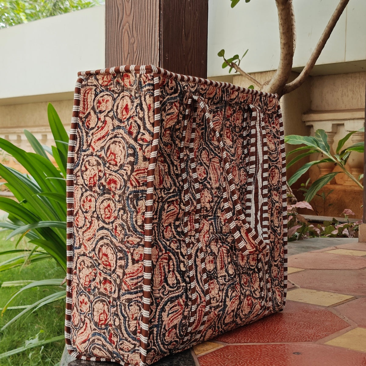 Hand Block Kalamkari Printed Quilted Tote Bag Brown Size 18"x18"