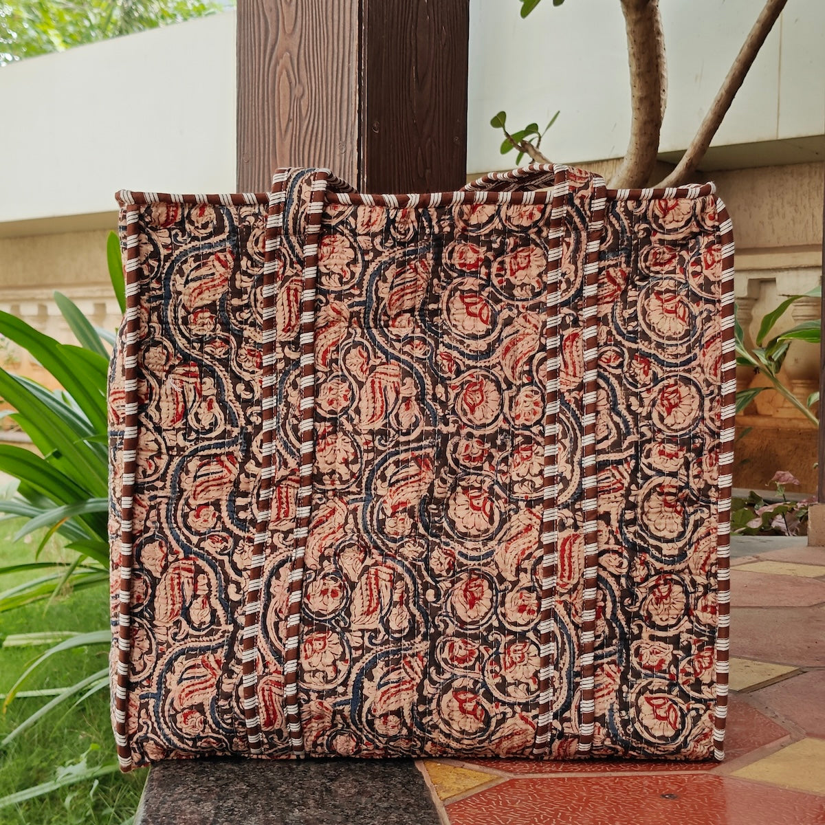 Hand Block Kalamkari Printed Quilted Tote Bag Brown Size 18"x18"