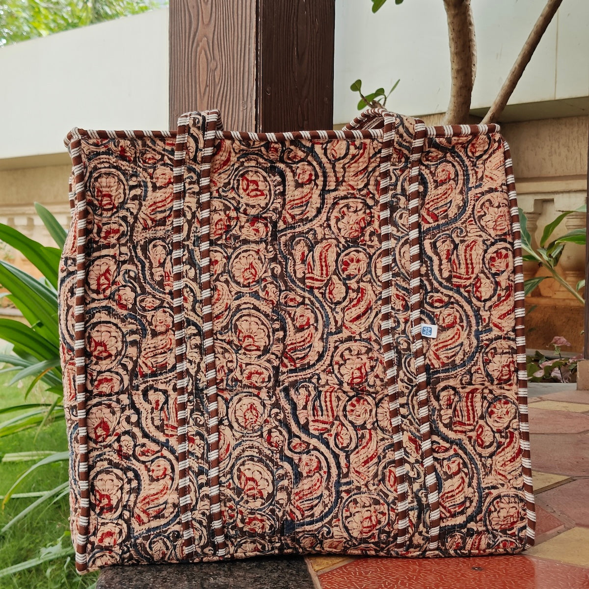 Hand Block Kalamkari Printed Quilted Tote Bag Brown Size 18"x18"