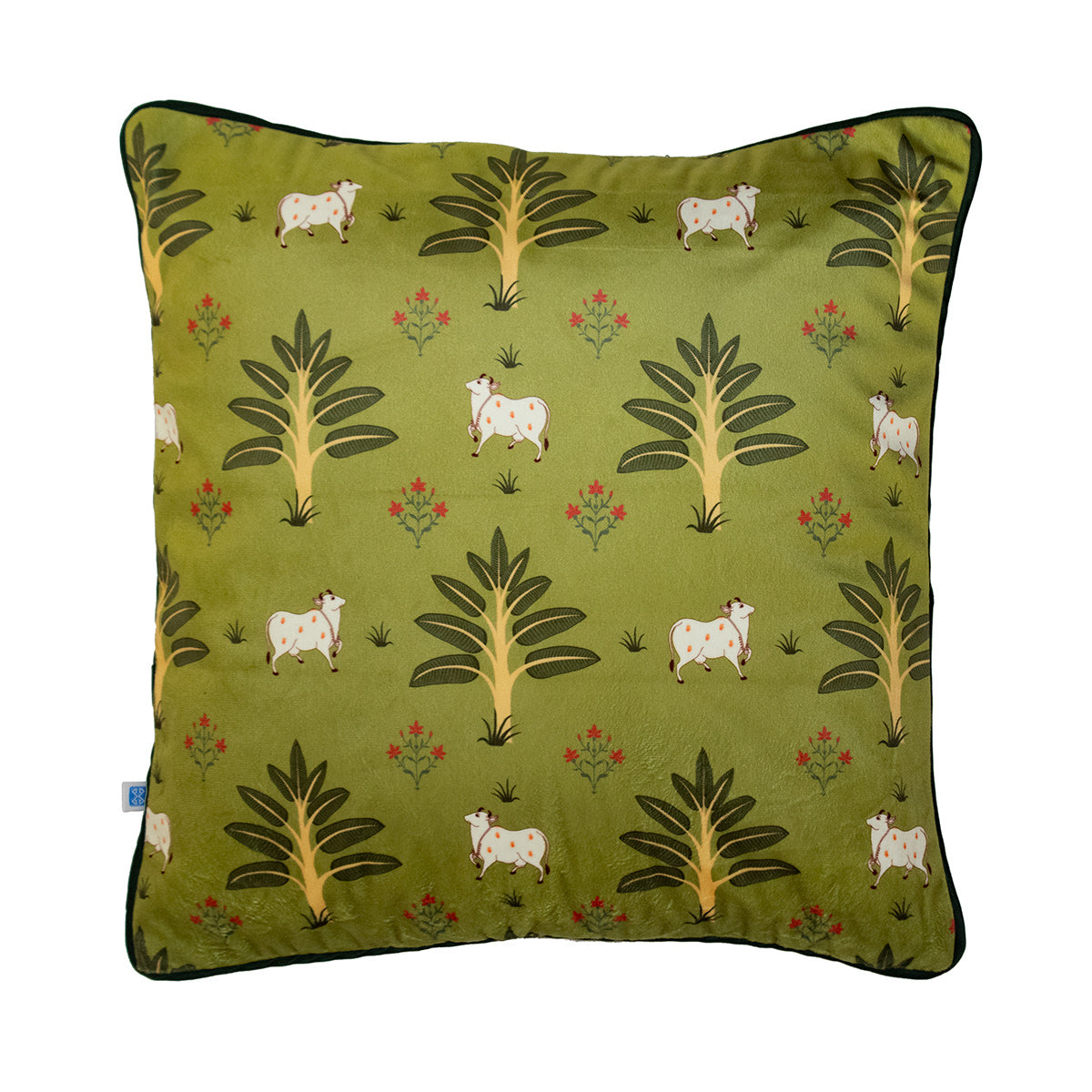 Pichwai Divine Cow Printed Green Velvet Cushion Cover 16" X 16"