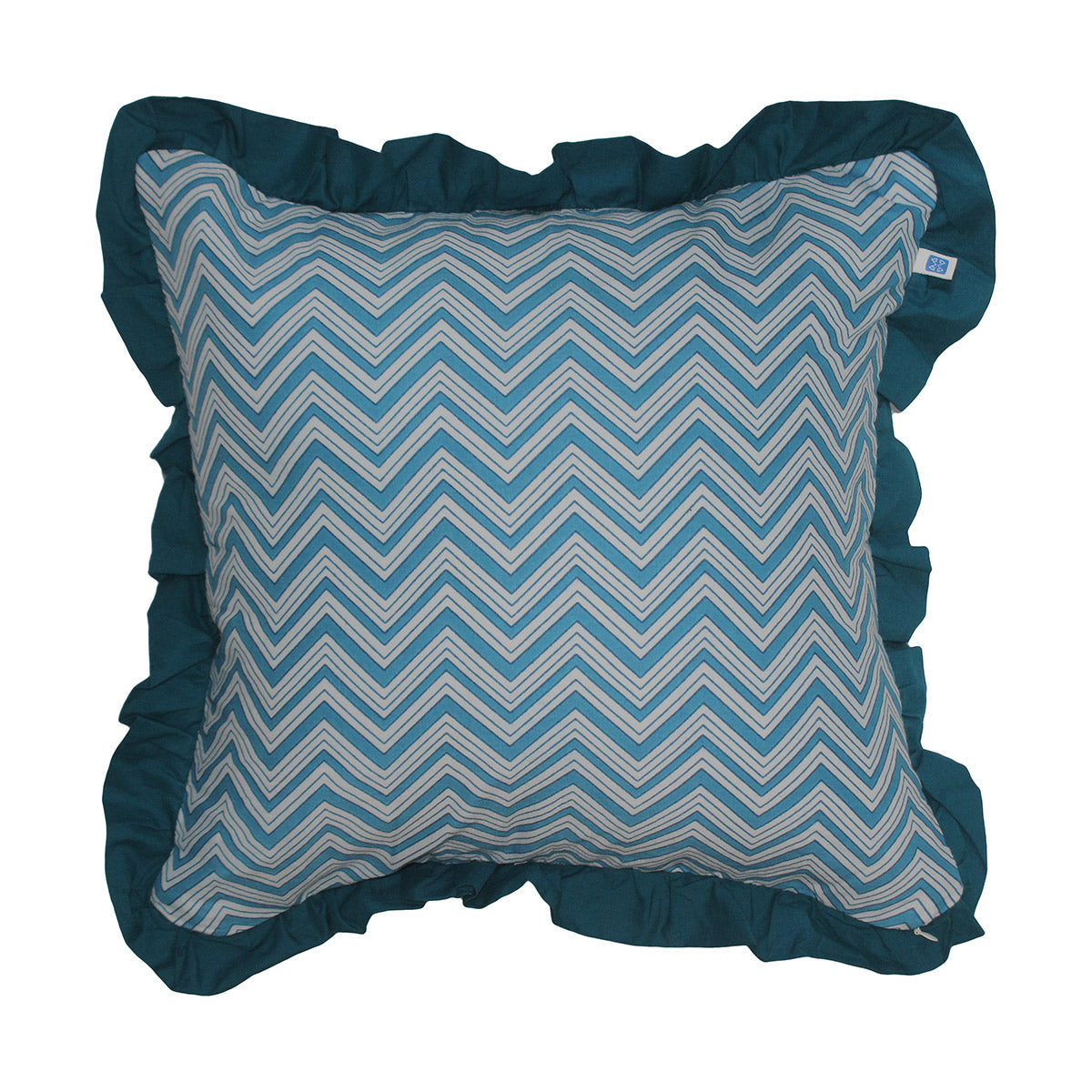 Block Print Global Threads Solid Blue Frill Reversible Cotton Cushion Cover Size 16"x16" Set of 2