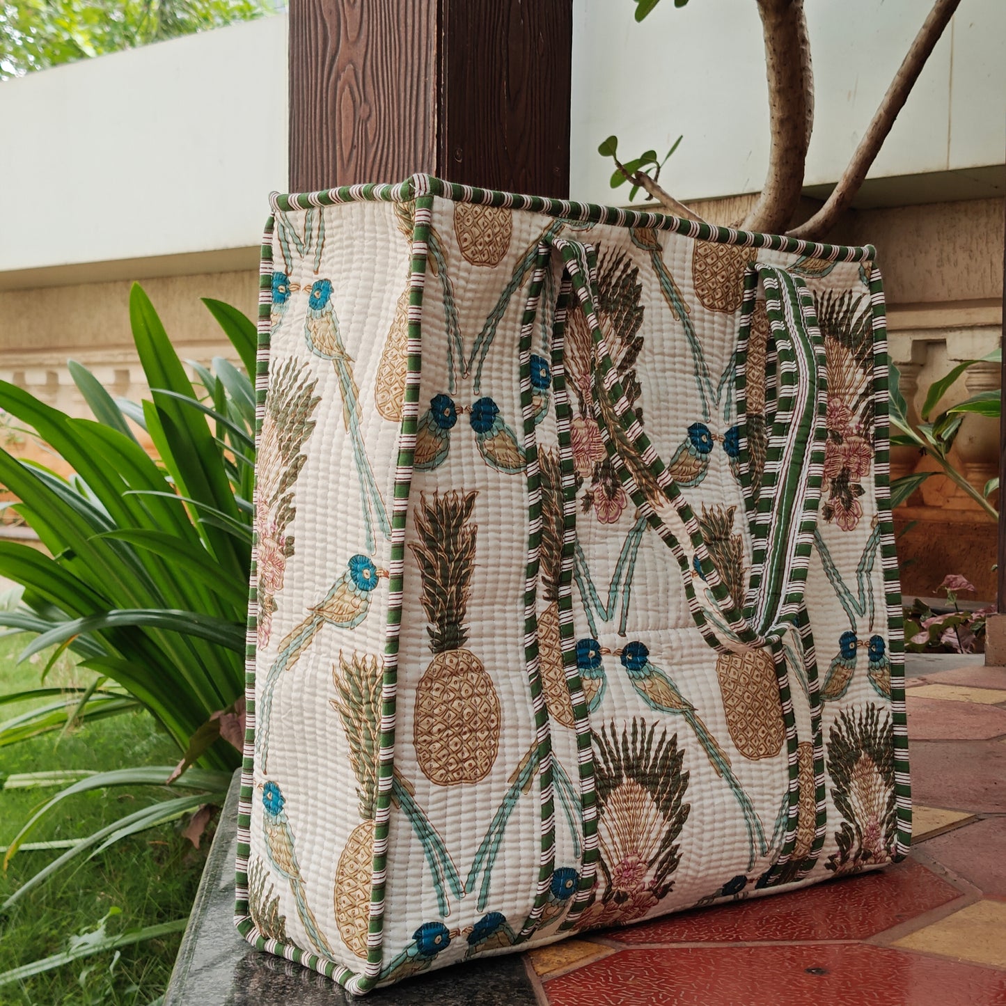 Hand Block Palm Pineapple Printed Quilted Tote Bag Offwhite Size 16"x16"