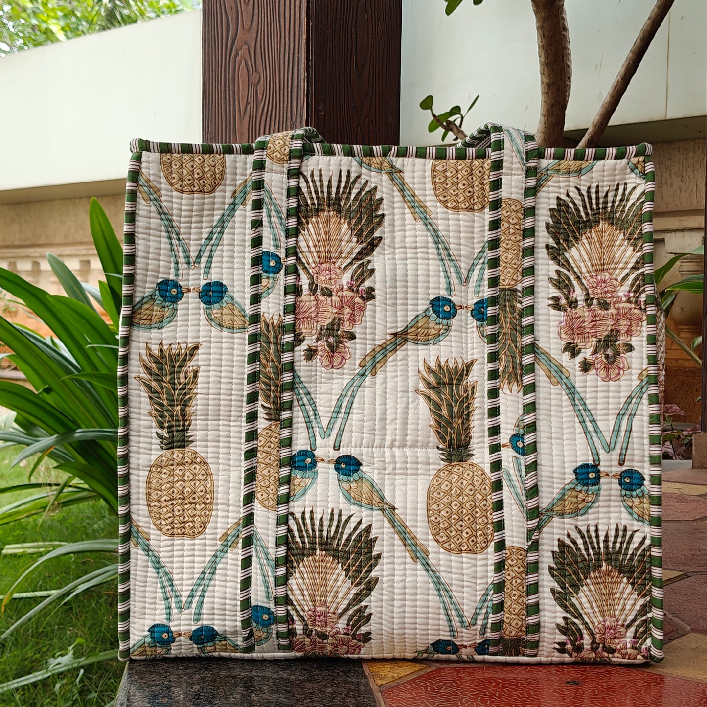 Hand Block Palm Pineapple Printed Quilted Tote Bag Offwhite Size 16"x16"