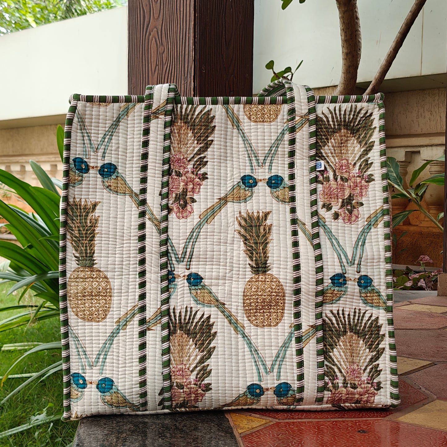 Hand Block Palm Pineapple Printed Quilted Tote Bag Offwhite Size 16"x16"