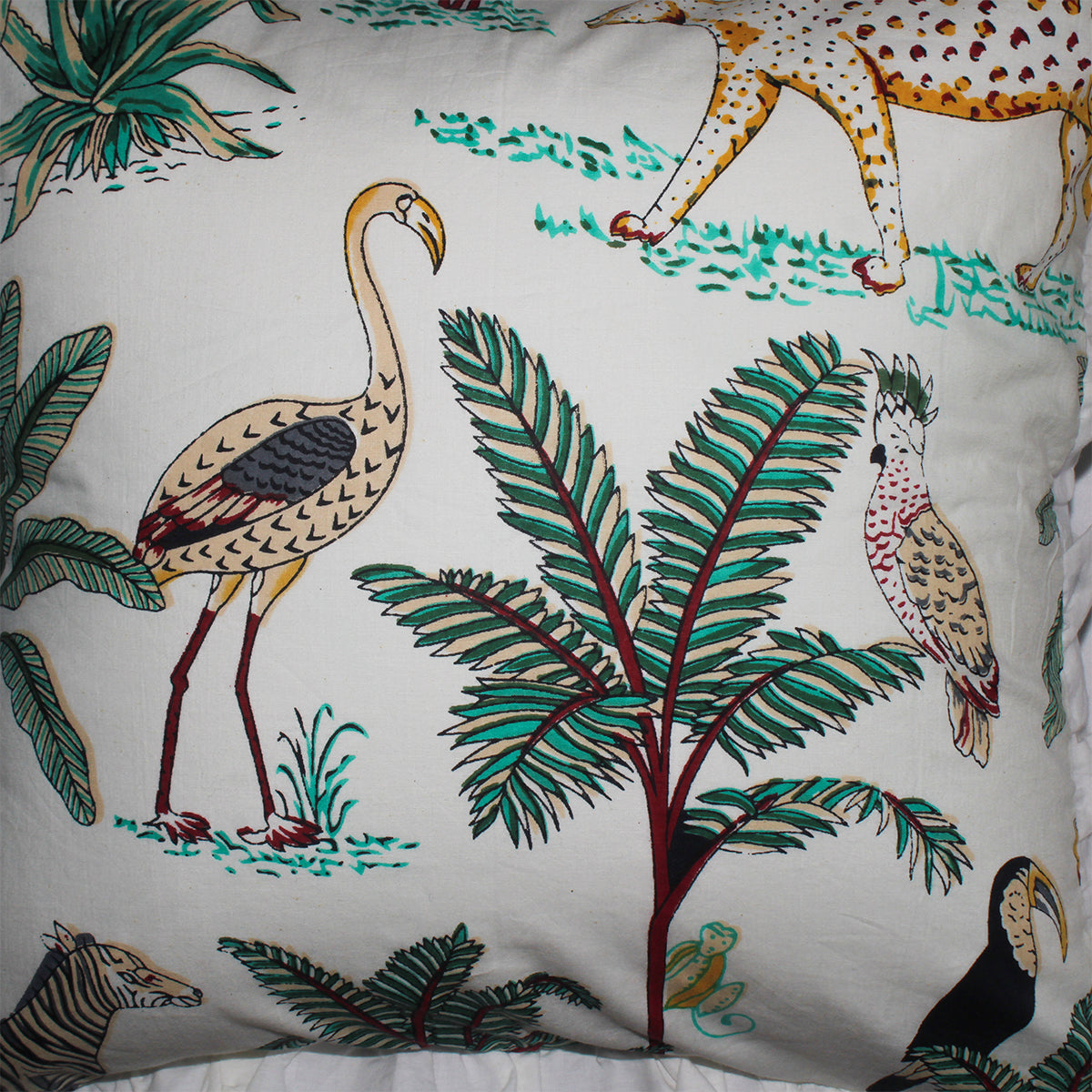 Wild Tropica Print Solid White Frill Reversible Cotton Cushion Cover Size 16"x16" Set of 2