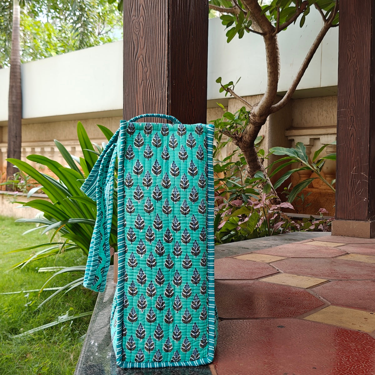 Hand Block Twiggy Leaf Printed Quilted Tote Bag Blue Size 18"x18"