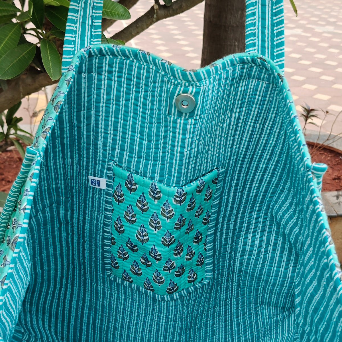 Hand Block Twiggy Leaf Printed Quilted Tote Bag Blue Size 18"x18"