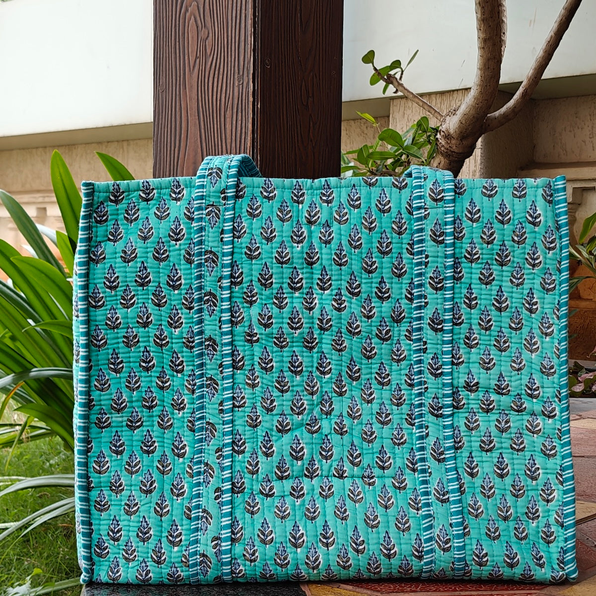 Hand Block Twiggy Leaf Printed Quilted Tote Bag Blue Size 18"x18"