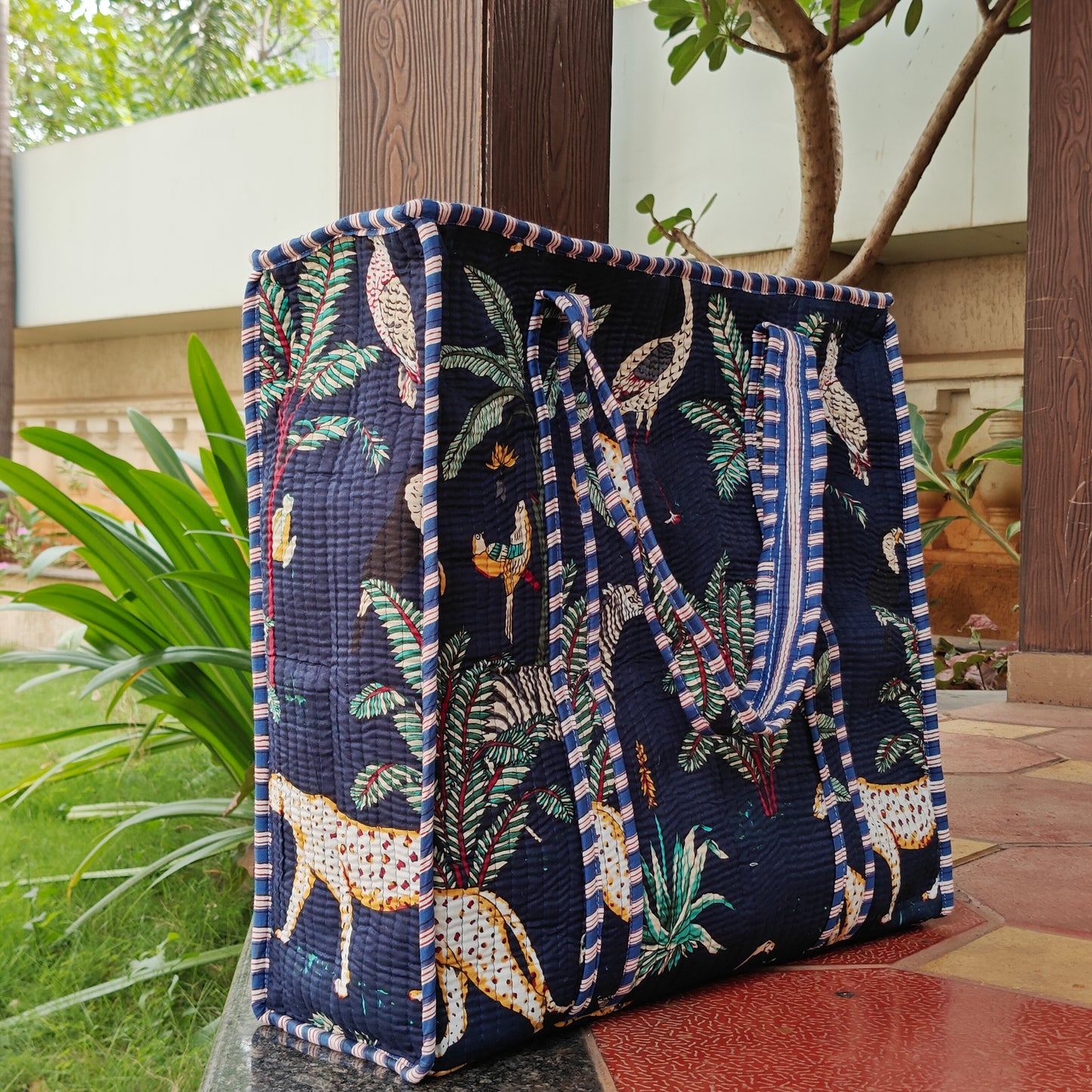 Hand Block Tropical Printed Quilted Tote Bag Navy Blue Size 18"x18"