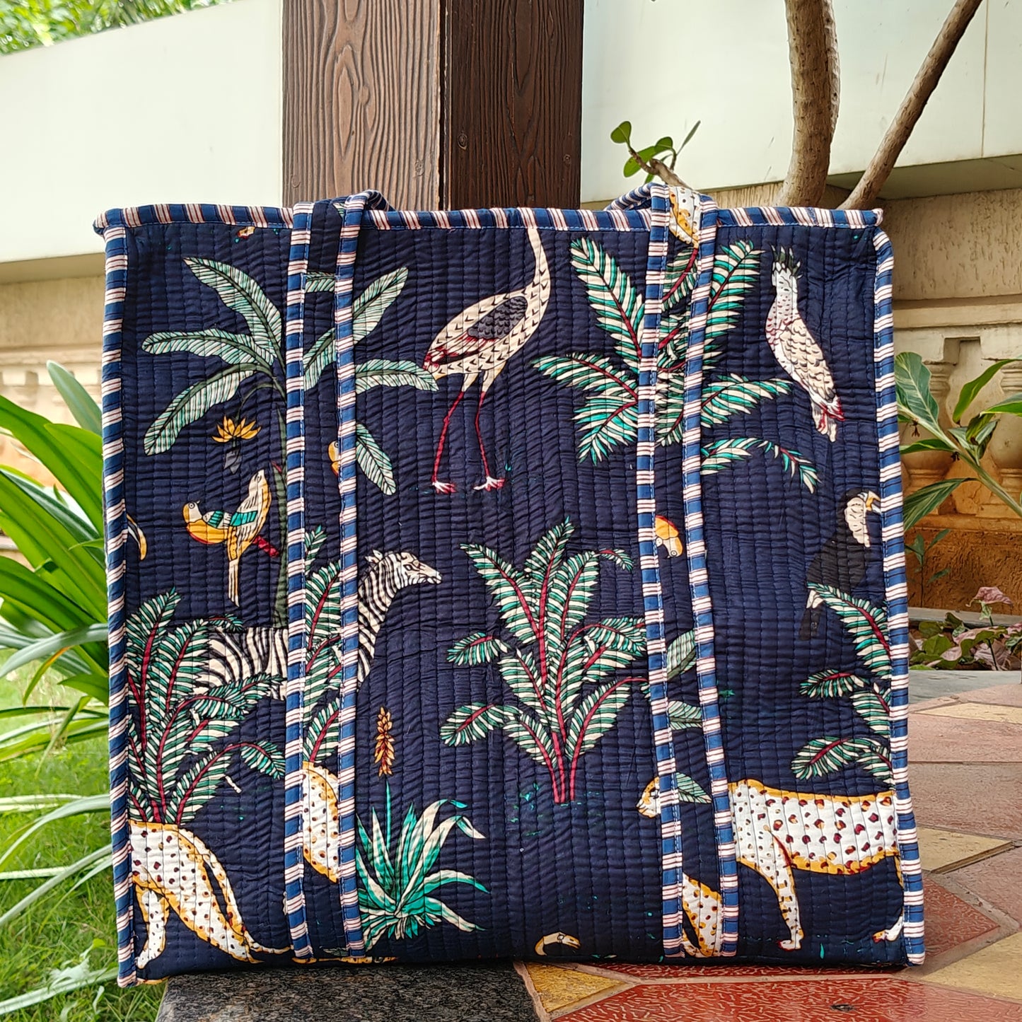 Hand Block Tropical Printed Quilted Tote Bag Navy Blue Size 18"x18"