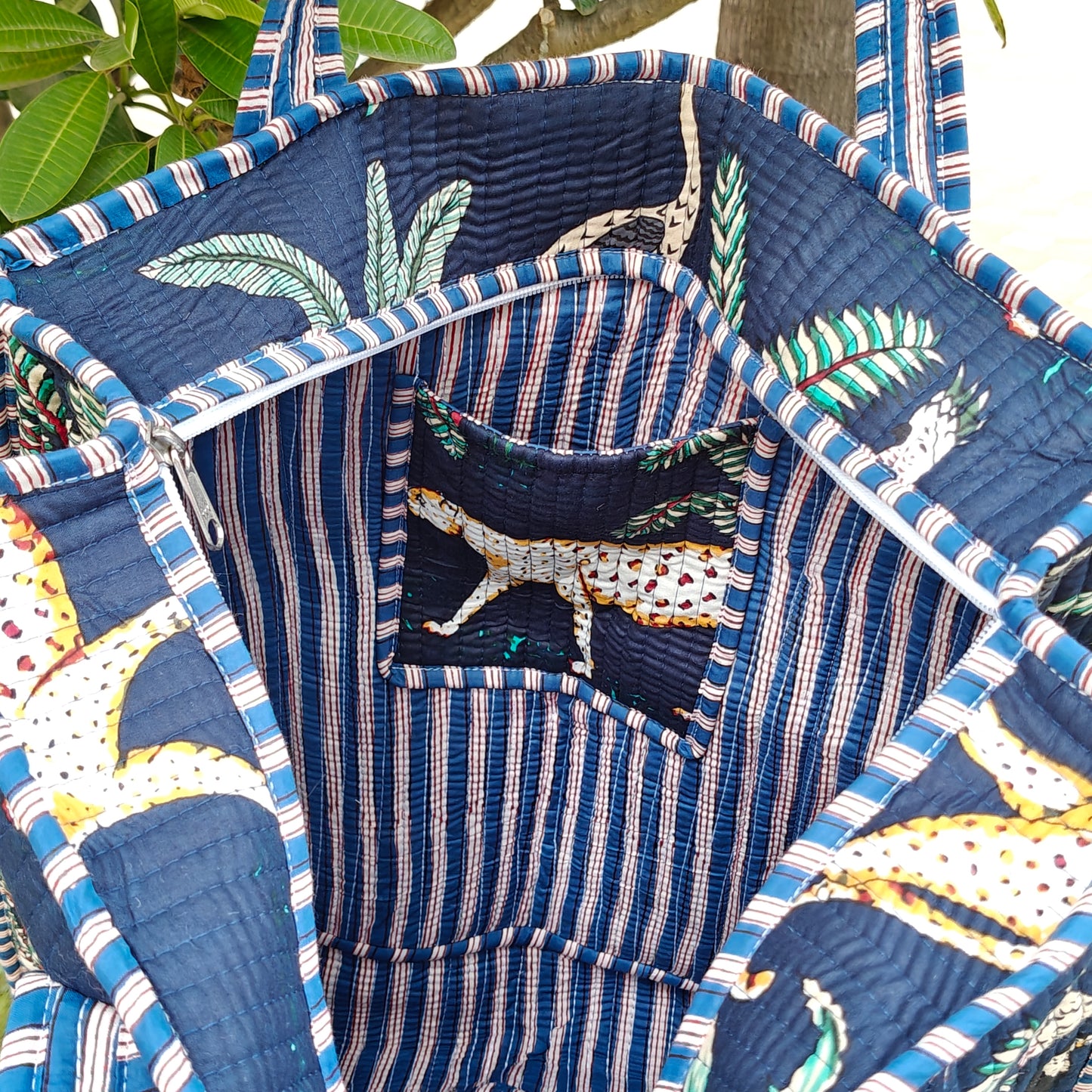 Hand Block Tropical Printed Quilted Tote Bag Navy Blue Size 18"x18"