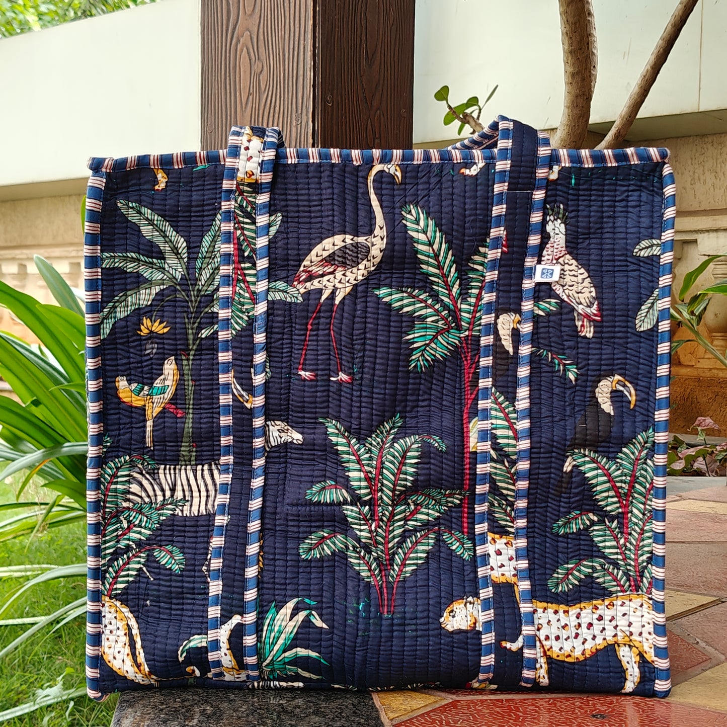 Hand Block Tropical Printed Quilted Tote Bag Navy Blue Size 18"x18"