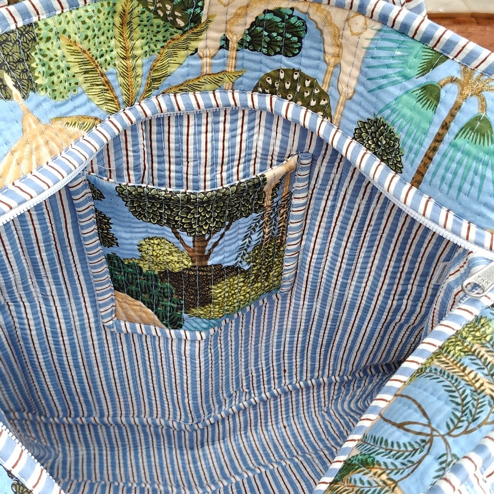 Hand Block Heritage Printed Quilted Tote Bag Blue Size 18"x18"