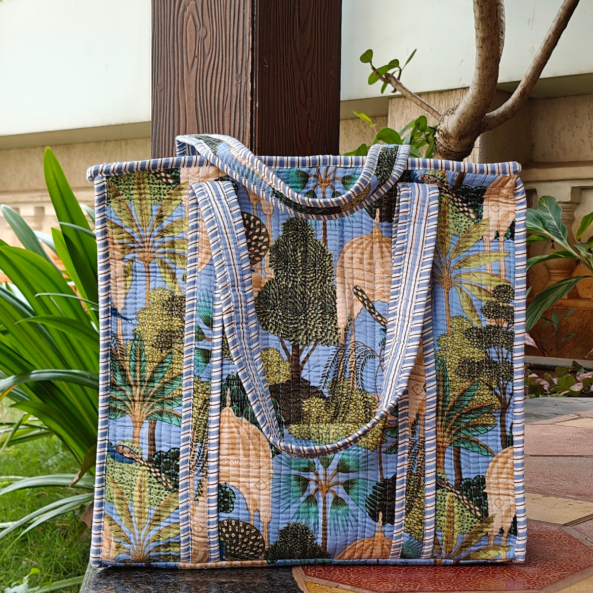 Hand Block Heritage Printed Quilted Tote Bag Blue Size 18"x18"