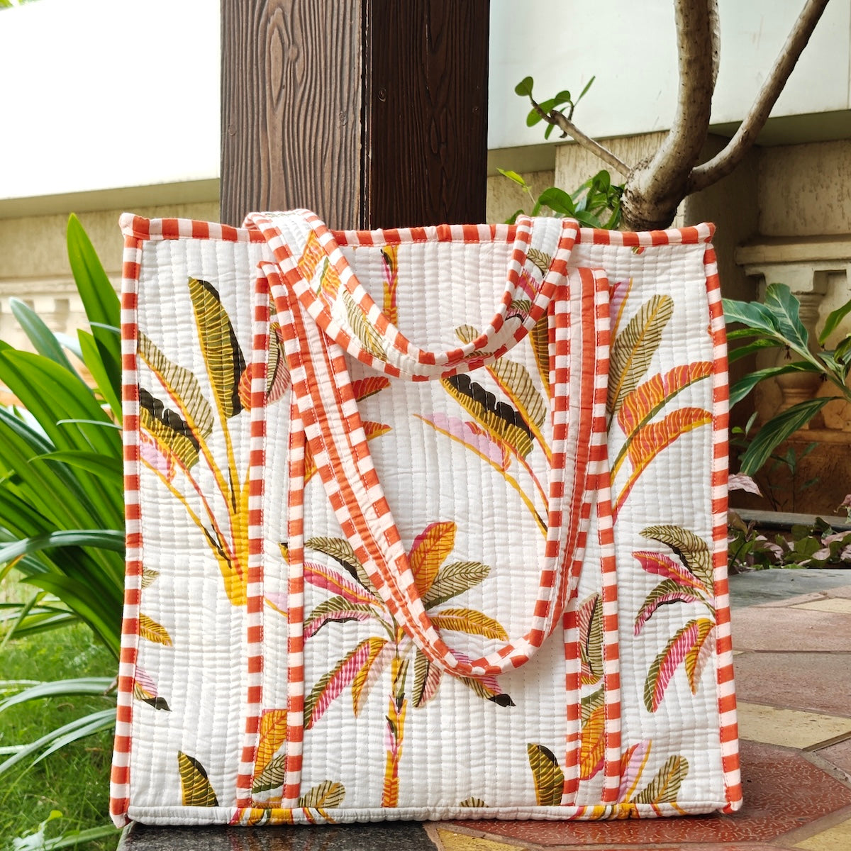 Hand Block Palm Printed Quilted Tote Bag Offwhite Size 16"x16"