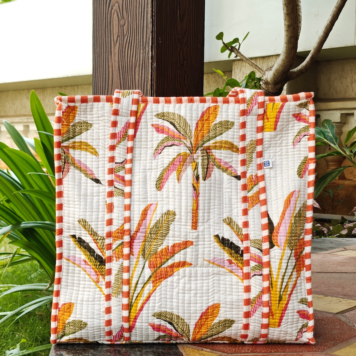 Hand Block Palm Printed Quilted Tote Bag Offwhite Size 16"x16"